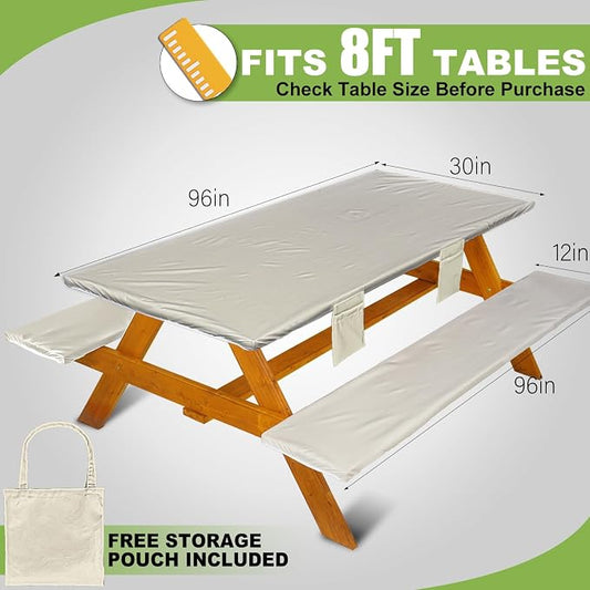 Wrakus Picnic Table Cover with Bench Covers Vinyl Elastic Edges Fitted Rectangle Seat Tables Waterproof 3-Piece96X30in Set Outdoor Rectangular Folding Backing Tablecloth for Camping Over Size