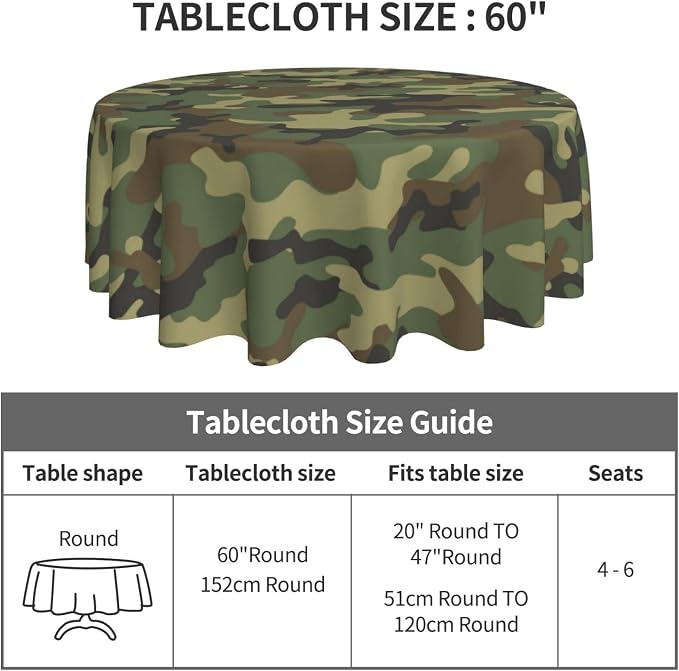Sweetshow Military Camouflage Tablecloth Round 60 Inches Green Camo Army Round Tablecloth Polyester Washable Wrinkle Resistant Table Cloth Table Cover for Kitchen Dining Room Picnic Patio Party