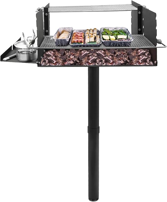 Park Style Heavy Duty Steel Outdoor BBQ Charcoal Grill with Stainless Steel Cooking Grate, Adjustable Height Single Post Outdoor Grill for Camping Barbecues