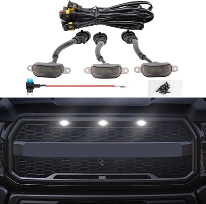 White LED Lights 3PCS Front Grille Raptor Lamps Car Accessories with Harness and Fuse, Compatible with 2004-2019 for-d F150 & 2013-2018 Ram 1500 Raptor Style Aftermarket Grille