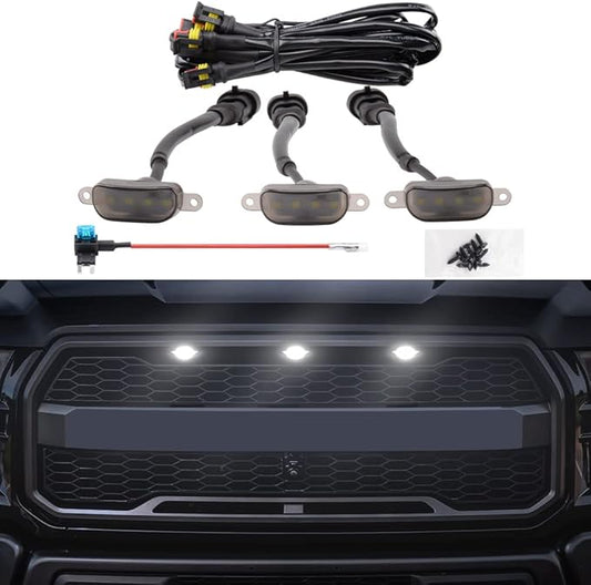 White LED Lights 3PCS Front Grille Raptor Lamps Car Accessories with Harness and Fuse, Compatible with 2004-2019 for-d F150 & 2013-2018 Ram 1500 Raptor Style Aftermarket Grille