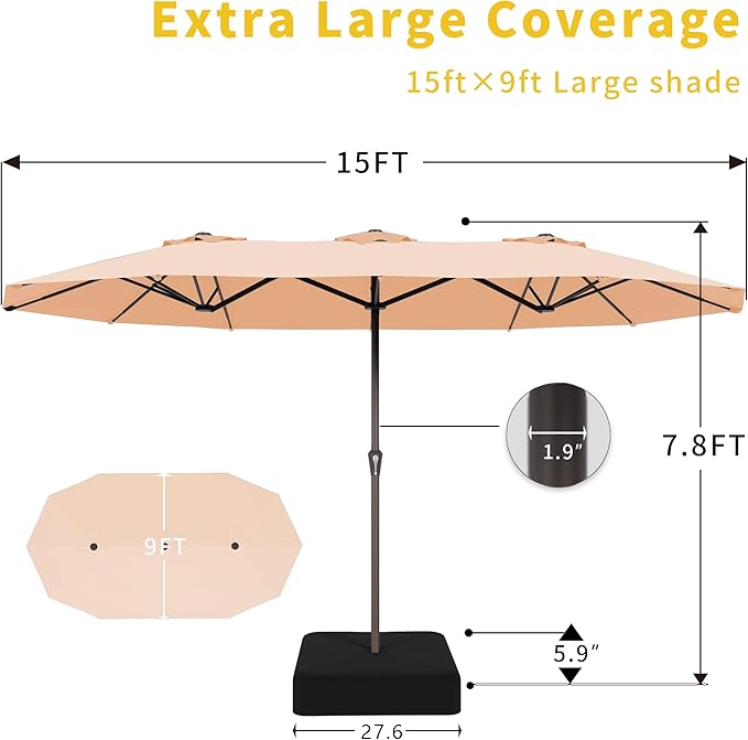 Kingdura 15ft Large Patio Umbrella with Base Included, Double-Sided Rectangle Outdoor Table Umbrella with 12 Reinforced Ribs, Crank Lift for Market Pool Deck Backyard, Beige