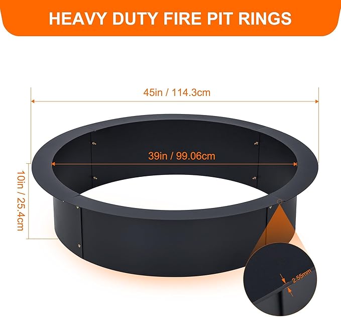 39" Fire Pit Ring - 2.55MM Fire Ring for Outside Fire Pit, Above In-Ground Firepit,Outside Wood Burning DIY,39"x45"x10", Black