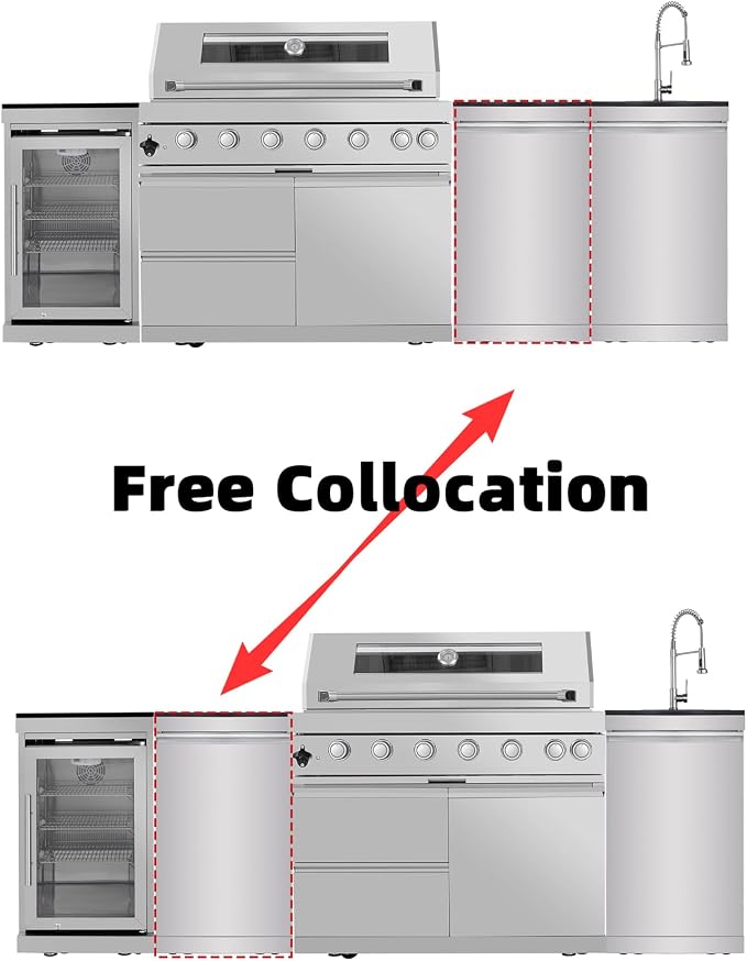 104" Modular Outdoor Kitchen Island With Grill And Side Burner, 4-burner 72,000 Btu Propane Bbq Island, Refrigerator, Separate Sink & Prep Station, For LP-Silver 85000BTU/101 Inch