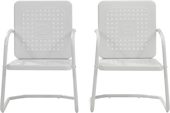 Crosley Furniture Bates 2-Piece Outdoor Chair Set, Retro Metal Patio Chairs for Dining, Porch, Deck, Balcony, White Gloss