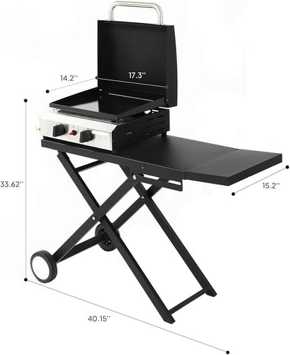 Bonnlo Foldable Flat Top Grill with 2 Burner & Lid, Powerful 20,000 BTU Propane Gas Grills with Ignition, Enamel Griddle, Side Shelf & Portable Cart with Wheels for Outdoor Camping Hibachi Grill Use