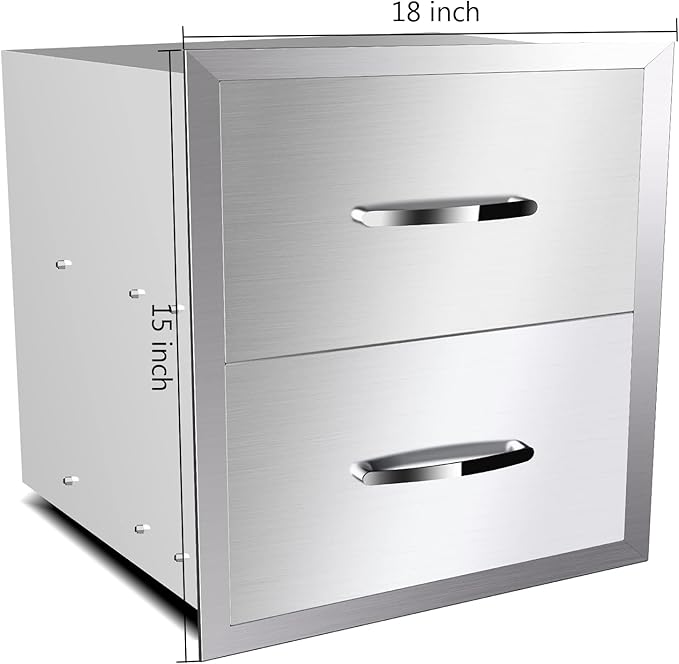 18''W x 15''H x 23''D Outdoor Kitchen Stainless Steel Flush Mount BBQ Double Access Drawers with Handles for Outdoor Kitchens or Patio Grill Station