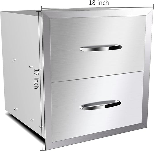18''W x 15''H x 23''D Outdoor Kitchen Stainless Steel Flush Mount BBQ Double Access Drawers with Handles for Outdoor Kitchens or Patio Grill Station