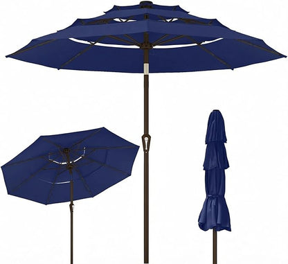 Kingdura 9ft 3-Tier Patio Umbrella, Outdoor Table Umbrella with Easy Crank & Tilt, 8 Reinforced Ribs, UV Protection for Deck, Pool, Market, Backyard (Navy blue)