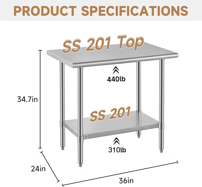 ROCKPOINT All Stainless Steel Table for Perp & Work 24x36 Inch,Commercial Heavy Duty Workbench with Stainless Legs & Adjustable Undershelf, 750 lb Capacity for Restaurant,Home and Outdoor Kitchens