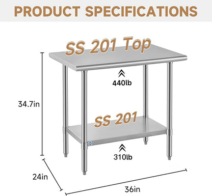 ROCKPOINT All Stainless Steel Table for Perp & Work 24x36 Inch,Commercial Heavy Duty Workbench with Stainless Legs & Adjustable Undershelf, 750 lb Capacity for Restaurant,Home and Outdoor Kitchens