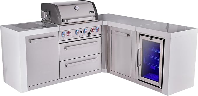 Mont Alpi Deluxe 82"W x 75"D x 46"H Stainless Steel L-shaped Modular Outdoor Kitchen Island with Refrigerator + 32"W 4-Burner BBQ Grill + Granite Countertops + Storage Cabinets + Rotisserie + Cover