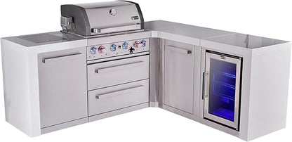 Mont Alpi Deluxe 82"W x 75"D x 46"H Stainless Steel L-shaped Modular Outdoor Kitchen Island with Refrigerator + 32"W 4-Burner BBQ Grill + Granite Countertops + Storage Cabinets + Rotisserie + Cover