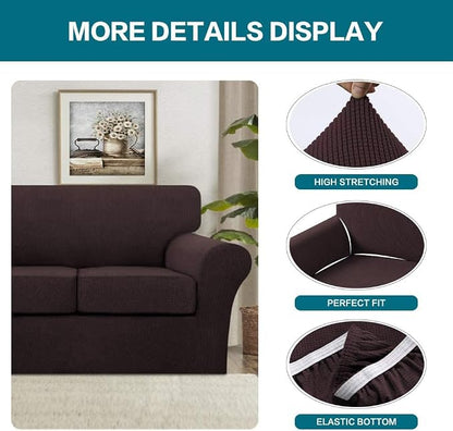 Turquoize 3 Piece Sofa Covers For 2 Cushion Couch Sofa Slipcover Soft Couch Cover For Dogs-Washable Sofa Furniture Covers With 2 Individual Cushion Covers, Feature Thick Fabric (2 Cushion Sofa, Brown)