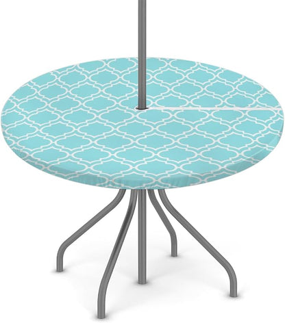 Fitted Round Tablecloth with Umbrella Hole and Zipper Aqua Blue Moroccan Outdoor Elastic Table Cloth 45"-56" Oil-Proof Waterproof Patio Table Cover for Dining Picnic Party