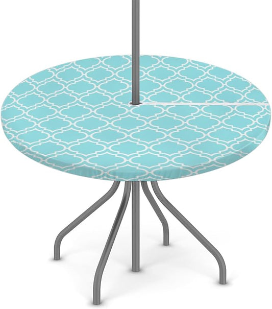 Fitted Round Tablecloth with Umbrella Hole and Zipper Aqua Blue Moroccan Outdoor Elastic Table Cloth 45"-56" Oil-Proof Waterproof Patio Table Cover for Dining Picnic Party