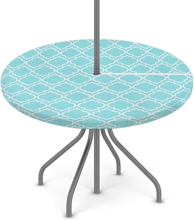 Fitted Round Tablecloth with Umbrella Hole and Zipper Aqua Blue Moroccan Outdoor Elastic Table Cloth 36"-44" Oil-Proof Waterproof Patio Table Cover for Dining Picnic Party