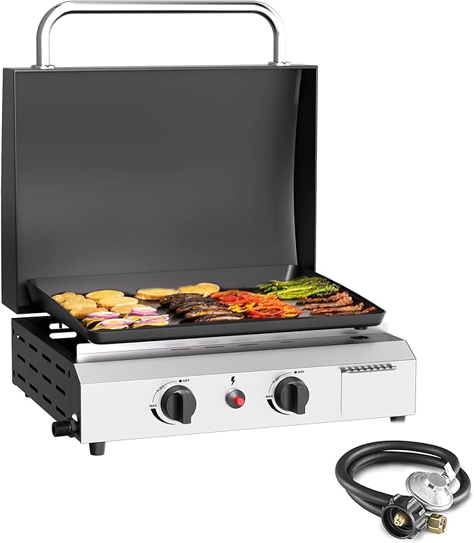 SKOK 2 Burner Gas Griddle with Hood- 17 Inch Outdoor Propane Griddle-30000 BTU Propane Fuelled, Portable Flat Top Gas Grill Camping Griddle with Lid for Kitchen, Outdoor BBQ, Camping