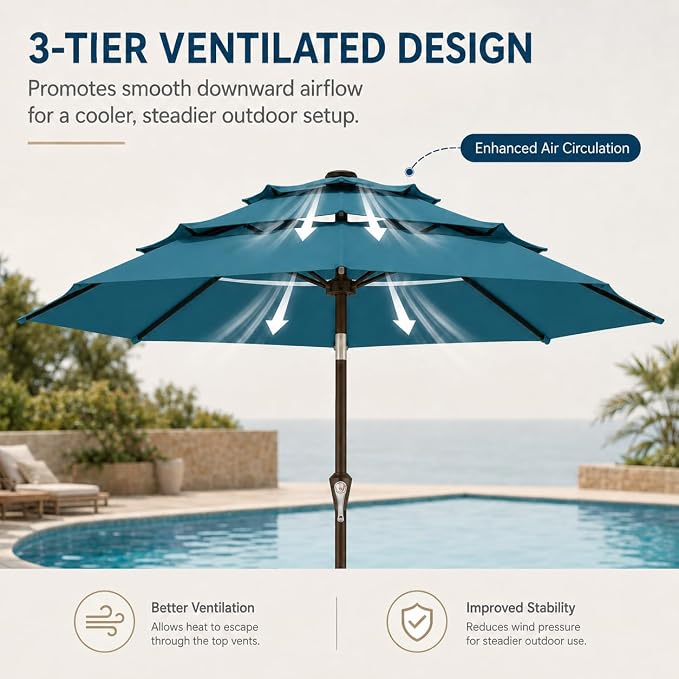 10ft Patio Umbrella, 3-Tier Vented Outdoor Table Umbrella with 8 Sturdy Fiberglass Ribs, Windproof Market Umbrella with Push Button Tilt and Crank, UV Protection for Deck, Pool, Lake Blue