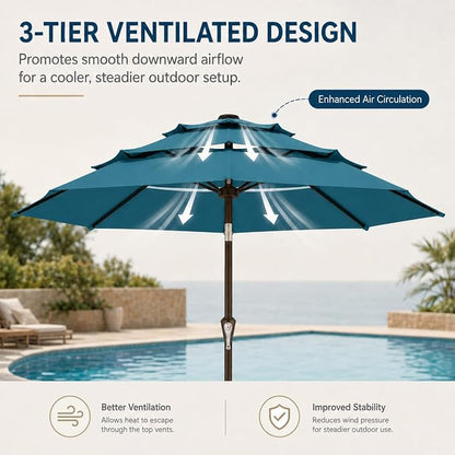 10ft Patio Umbrella, 3-Tier Vented Outdoor Table Umbrella with 8 Sturdy Fiberglass Ribs, Windproof Market Umbrella with Push Button Tilt and Crank, UV Protection for Deck, Pool, Lake Blue