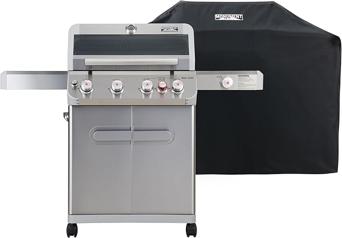 Monument Grills Mesa Series, Outdoor Barbecue Stainless Steel 4 Burner Propane Gas Grill, 62,000 BTU Patio Barbecue Grill with Side Burner, Infrared, Knob Controls, Mesa415BZ with BBQ Cover
