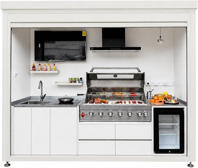 Sunnyjoy Modular Outdoor Kitchen MAX, Premium Aluminum Cabinet System-2 | Max roll-up shade version with grill, sink & storage, durable weather-resistant design, includes roll-up set for protection