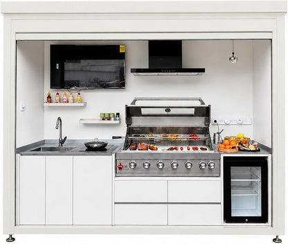 Sunnyjoy Modular Outdoor Kitchen MAX, Premium Aluminum Cabinet System-2 | Max roll-up shade version with grill, sink & storage, durable weather-resistant design, includes roll-up set for protection