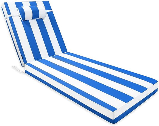 Chaise Lounge Cushion for Outdoor Furniture, Waterproof, Fade-Resistant and Tear Resistant, Patio Lounger Pads with Removable Cover for Pool, Deck, Lawn, 80x26x4 inch, Blue & White Stripe