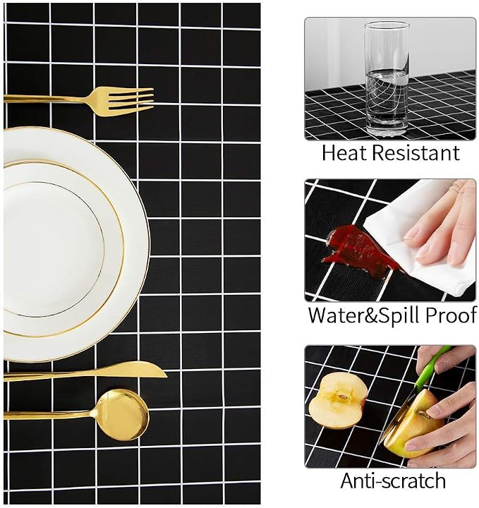 Romanstile Rectangle Vinyl Tablecloth, 100% Waterproof Oil-Proof Checkered Plastic Table Cloth, Heavy Duty Wipeable Table Covers for Dining, Camping, Picnic, Outdoor - 54 x 120 Inch, Black