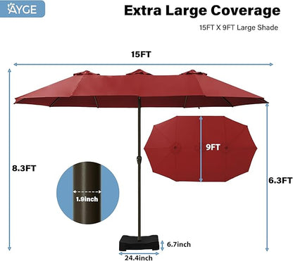 Ayge 15FT Patio Umbrella with Base,Large Outdoor Double-Sided Rectangle Umbrella with Crank Handle, Market Umbrella for Poolside Garden Deck Backyard Beach Pools,Red
