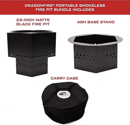 Dragonfire Portable Smokeless Firepit, Accessories Included: Base Stand and Carrying Case. Wood Pellet/Log Burning Outdoor Fire Pit. Black Finish, 22 Inch Size, with Nesting Base for Compact Storage.