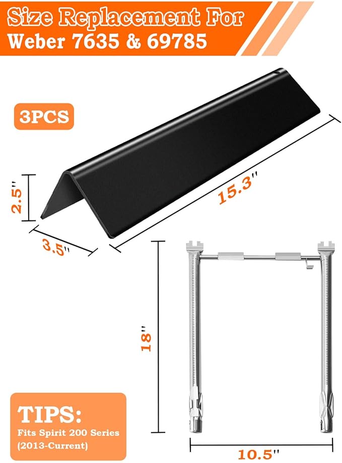 15.3" Flavorizer Bars and Grill Burner for Weber Spirit & Spirit 2 Grills Parts Spirit 210 215 220, Spirit II 210 Grill Parts with Front Control, Grill Replacement Parts for Weber 7635 69785