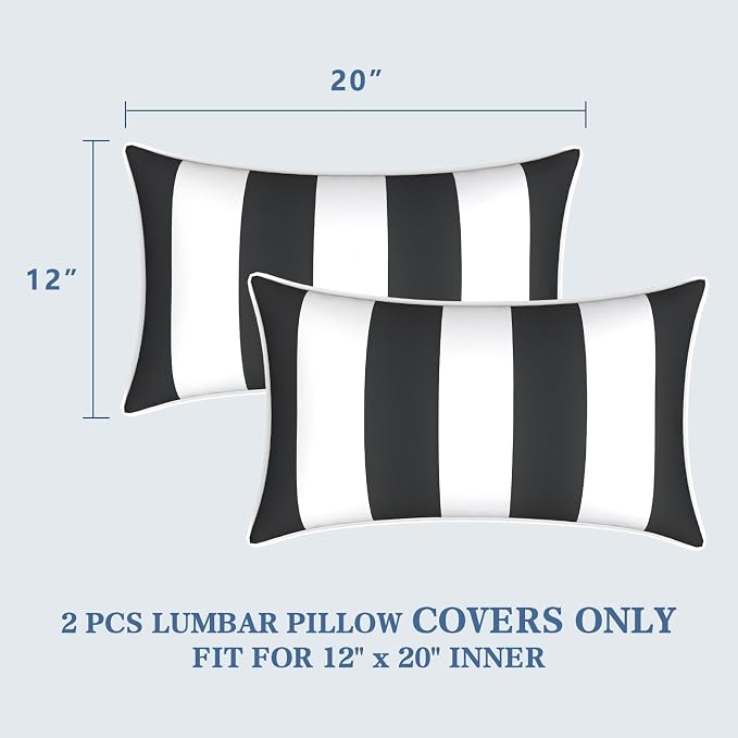 LVTXIII 2 Pack Outdoor Lumbar Pillow Covers 12x20 Inch with Piping, Water-Repellent Back Cushion Covers ONLY for Patio Furniture, Sofa, Garden Bench, Cabana Black