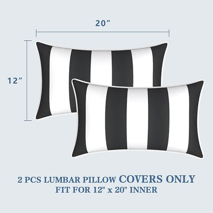 LVTXIII 2 Pack Outdoor Lumbar Pillow Covers 12x20 Inch with Piping, Water-Repellent Back Cushion Covers ONLY for Patio Furniture, Sofa, Garden Bench, Cabana Black