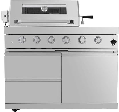 BBQ Island Outdoor Kitchen: 46-Inch 4-Burner 720000 BTU Modular Grill Islands with Rotisserie Kit, Storage Drawers - Pre-Assembled Outdoor Kitchen Island with Grill for Backyard