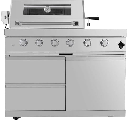 BBQ Island Outdoor Kitchen: 46-Inch 4-Burner 720000 BTU Modular Grill Islands with Rotisserie Kit, Storage Drawers - Pre-Assembled Outdoor Kitchen Island with Grill for Backyard