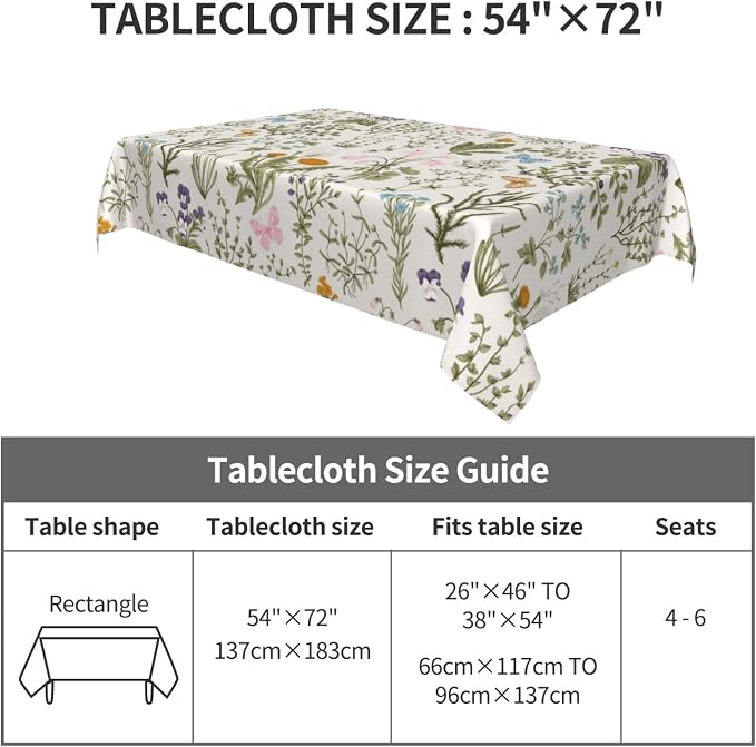 Vintage Floral Rectangle Tablecloth for Kitchen Dinner Picnic Party | 54"x72" Herbs and Wild Flowers Table Cloth Spring Summer Farmhouse Home Decor Cute Botanic Table Cover