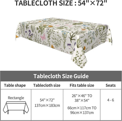 Vintage Floral Rectangle Tablecloth for Kitchen Dinner Picnic Party | 54"x72" Herbs and Wild Flowers Table Cloth Spring Summer Farmhouse Home Decor Cute Botanic Table Cover