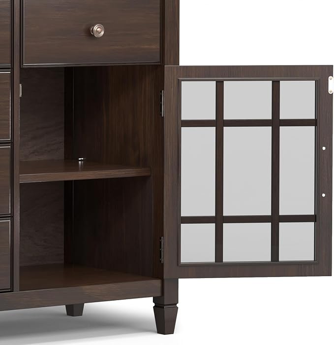SIMPLIHOME Connaught 60" Wide Solid Wood 3-Door Buffet in Chestnut Brown | Traditional sideboard with adjustable shelves and classic molding for dining rooms; buffet, credenza or server.