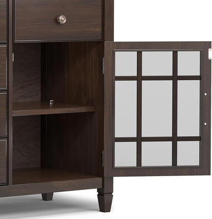 SIMPLIHOME Connaught 60" Wide Solid Wood 3-Door Buffet in Chestnut Brown | Traditional sideboard with adjustable shelves and classic molding for dining rooms; buffet, credenza or server.