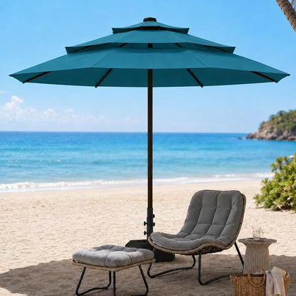 10ft Patio Umbrella, 3-Tier Vented Outdoor Table Umbrella with 8 Sturdy Fiberglass Ribs, Windproof Market Umbrella with Push Button Tilt and Crank, UV Protection for Deck, Pool, Lake Blue