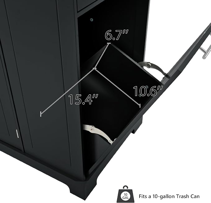 Ball & Cast Fluted Kitchen Island with Trash Can Storage Cabinet,Power Outlet,Internal Storage Rack,Rolling Kitchen Islands On 5 Wheels W/3 Drawers & 3 Open Side Racks for 10 Gallon Garbage Bin,Black