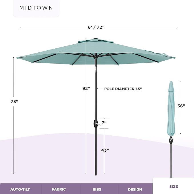 Midtown Umbrellas - 10-Year-No-Fade 6 Ft Patio Umbrella with Terylast Fabric, Auto-Tilt Aluminum Frame and 8 Reinforced Ribs for Deck, Pool, Garden & Beach - Aqua Canopy, Black Pole