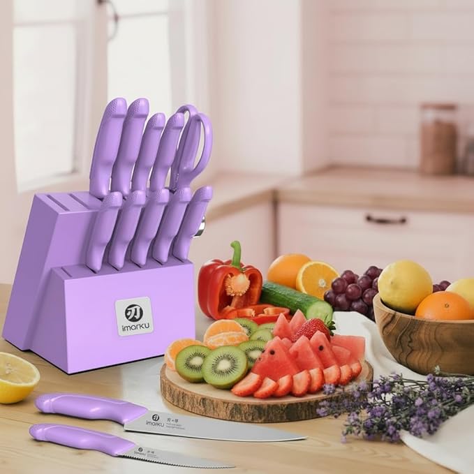 imarku 14-Piece Purple Knife Set with Block – Glides Through Meat, Fish, Veggies & Bread – Standout Color for Stylish Kitchens – Built-in Sharpener – Elegant Gift for Mom, Wife, and Yourself