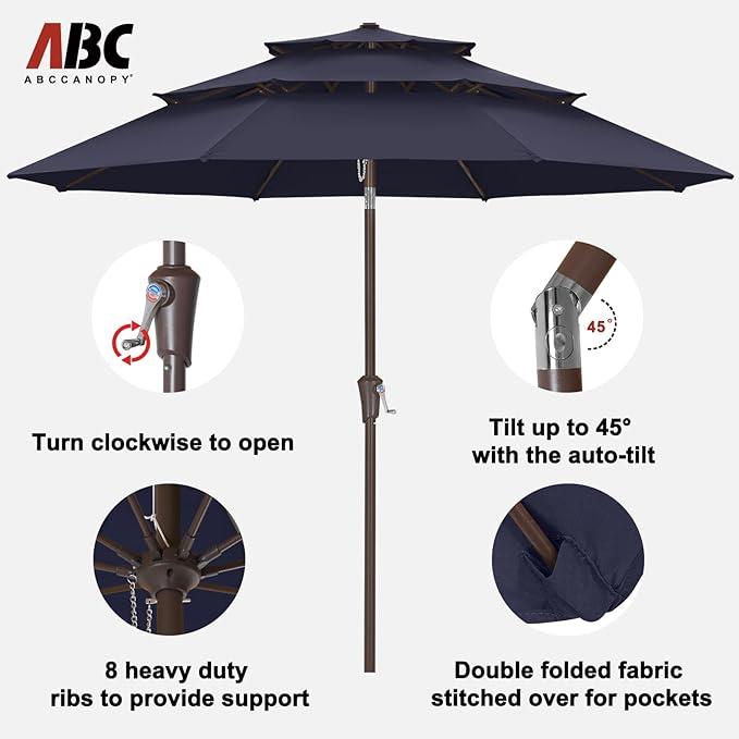 ABCCANOPY 10Ft 3 Tiers Market Umbrella, Outdoor Table Umbrella for Patio, Deck, Backyard (Navy Blue)