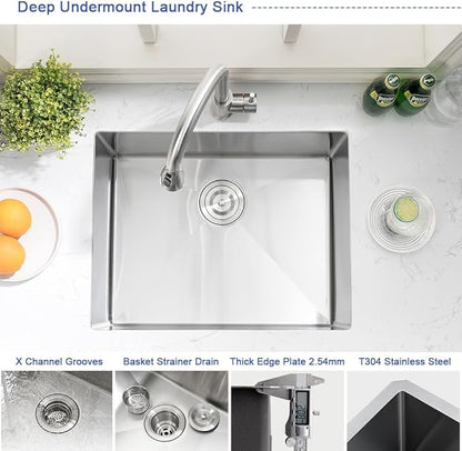 24 Inch Undermount Laundry Sink-Hovheir 24x19x12 Inch Stainless Steel Utility Sink 16 Gauge Stainless Steel Undermount Single Bowl Deep Laundry Room Sinks Outdoor with Bottom Grid