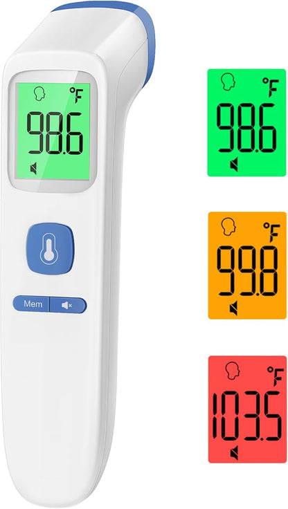 No-Touch Thermometer for Adults, Kids, Babies, 1-Sec Fast Accurate (Blue) | Fever Alarm, Large LCD with 3-Color Backlight, Silent Mode, 35-Reading Memory, Forehead & Object Mode, for Home & Clinic