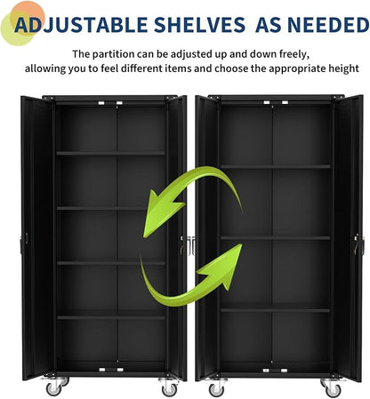 72" Garage Storage Cabinet,High Locking Metal Storage Cabinet with 2 Doors and 4 Adjustable Shelves, Black
