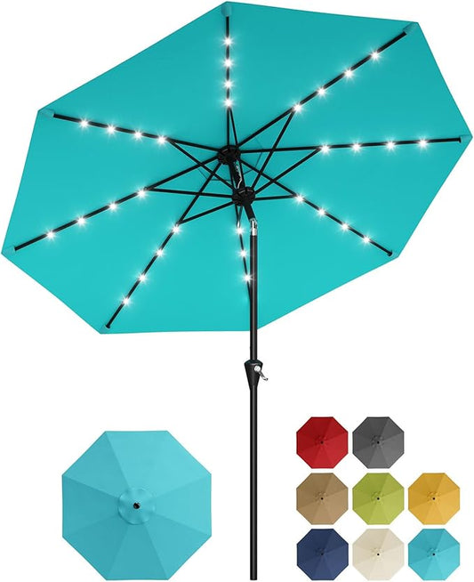 Garvee 9FT Solar Patio Umbrella with 32 LED Lights - Outdoor Table Umbrella with Crank Lift, Push Button Tilt and 8 Sturdy Ribs - Market Umbrella UV Protection for Pool, Deck, Yard, Garden -Sky Blue