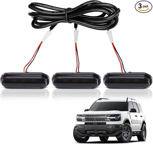 Front LED Grill Lights Compatible with Ford Bronco Accessories 2021 2022 2023 2024 2025 2/4-Door Badlands Wildtrak Everglades, Black, 3PCS